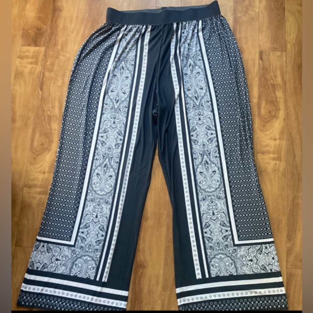 DG💫 Womens' Gray/White Printed Elastic Waist Lightweight Wide Leg Pants